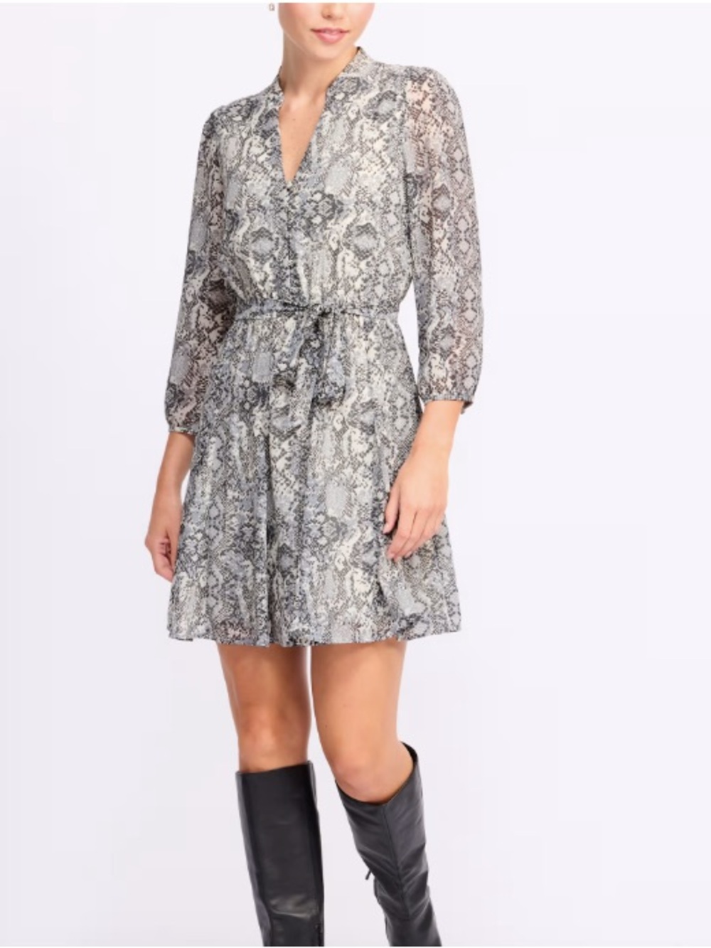 Tie-Waist Long Sleeve Snake Print Dress in Gray